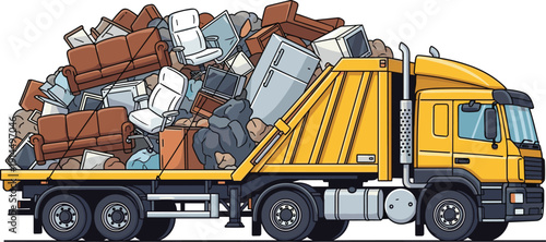 Garbage truck loaded with bulky waste furniture and electronic junk, recycling transport vehicle, waste management disposal concept flat vector illustration