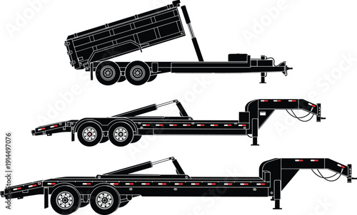 Heavy duty trailer silhouettes set, dump trailer and gooseneck flatbed transport vector illustration, construction equipment vehicle side view collection