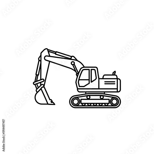 Construction Excavator Detailed Line Art for Industrial Equipment Design