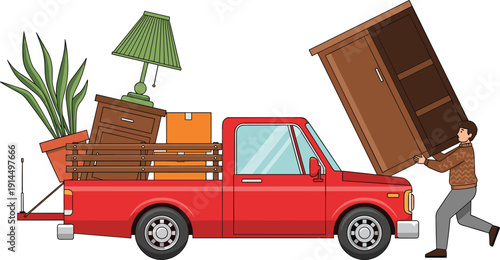 Man loading furniture into red pickup truck during home relocation, moving service concept with boxes, plants, wardrobe, flat vector illustration