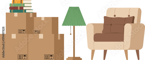 Moving boxes with books armchair and floor lamp illustration, home relocation packing concept, furniture storage vector, apartment moving interior design scene