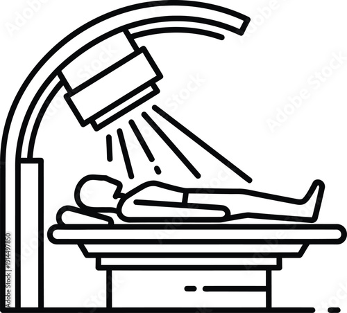 A person undergoing an x-ray examination on a medical table under a large x-ray machine.