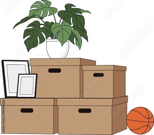 Moving boxes with monstera houseplant and home items illustration, relocation packing concept, storage cardboard container vector, minimalist moving design scene