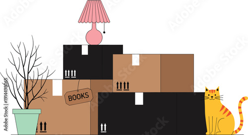 Moving house cardboard boxes with cat and home decor illustration, relocation packing concept, storage containers, minimalist flat vector design artwork