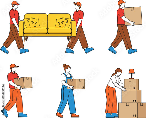 Moving service workers carrying sofa and cardboard boxes illustration, delivery team relocation concept, furniture transport, packing process, flat vector design