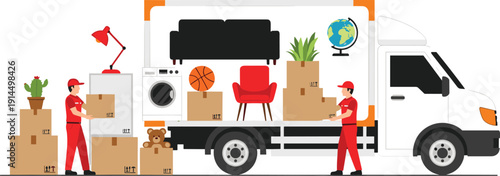 Moving truck with delivery workers loading household furniture and boxes illustration, home relocation logistics service, transport concept flat vector design
