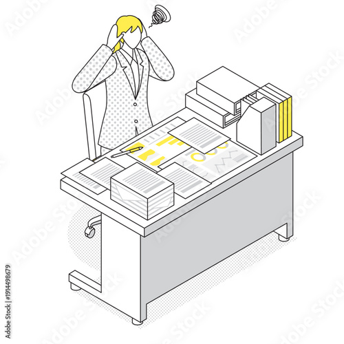 紙資料が山積みで困っているオフィスのアイソメトリック線画イラスト