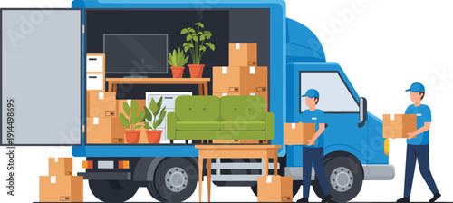 Moving truck with workers unloading furniture, plants and cardboard boxes illustration, home relocation delivery service concept, flat vector design
