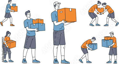 People carrying moving boxes illustration set, manual handling and lifting poses, relocation packing workers vector, delivery service activity design collection
