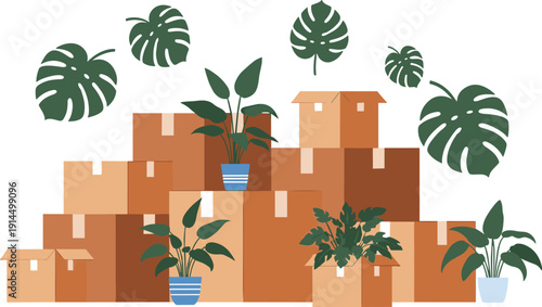 Stacked cardboard moving boxes with indoor plants illustration, home relocation packing concept, houseplant decor background, flat botanical vector design