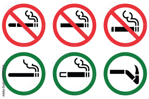 No smoking and vaping vector icon collection, includes smoking, e-cigarette, vape, electronic cigarette, prohibition, forbidden, allowed, and permitted signs, ideal for public areas, educational mater