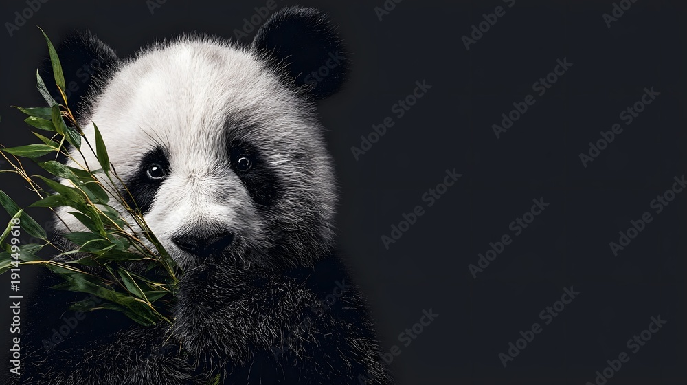 Fototapeta premium Close Up Portrait of Giant Panda Eating Fresh Bamboo Branch