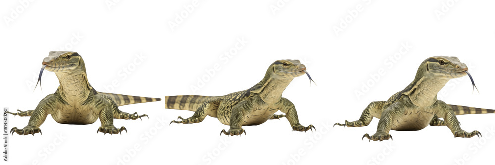 Obraz premium Crocodile Monitor Lizard (Varanus salvadorii) Isolated on White Background, Full Body New Guinea Monitor Standing on White Floor, Large Predator Reptile Cutout, Wildlife Stock Photo Image