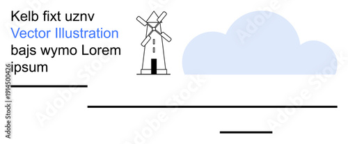 Renewable energy, natural resources, minimalism, environmental awareness, rural landscapes, clean energy. ion of a windmill with a cloud and placeholder text. Renewable energy and environmental