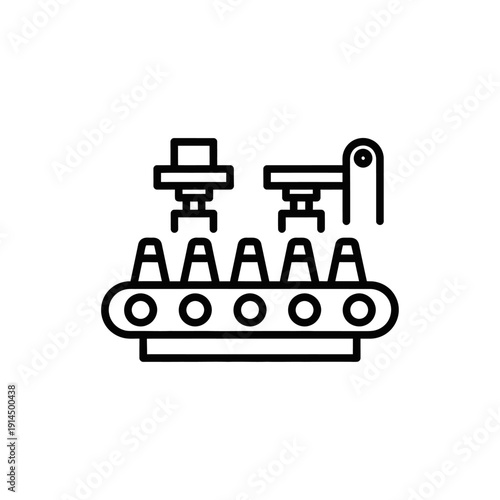 Minimalist Line Art of Factory Assembly Line with Robotic Arms and Conveyor Belt