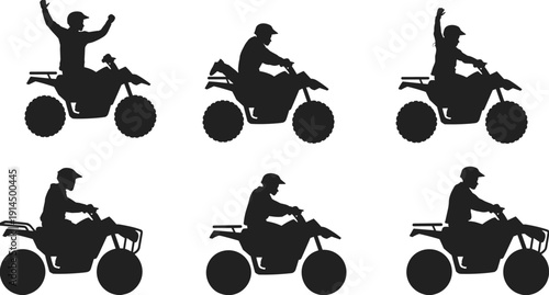 ATV quad bike rider silhouettes in different driving poses, off road motorsport adventure and outdoor recreation concept illustration isolated on white background