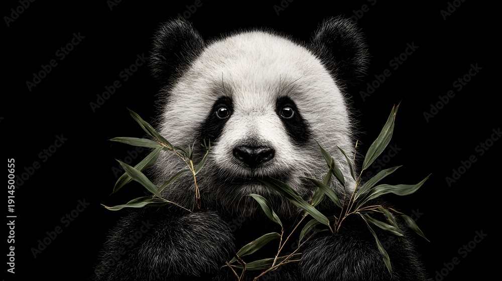 Obraz premium Giant Panda Portrait Holding Bamboo Branch Against Isolated Black Background