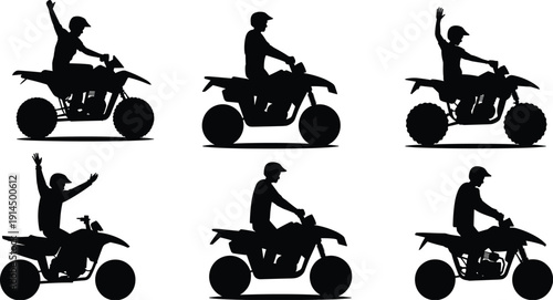 ATV quad bike rider silhouettes performing different riding poses, off road adventure motorsport concept, outdoor recreation illustration isolated on white background