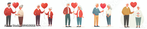 vector  old couple standing giving valentine love balloons