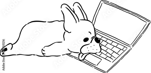 Burnt out french bulldog WFH Outline on laptop hand drawn frenchie derp dog 