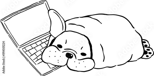 Blanket Burrito french bulldog WFH Outline on laptop hand drawn frenchie derp dog 