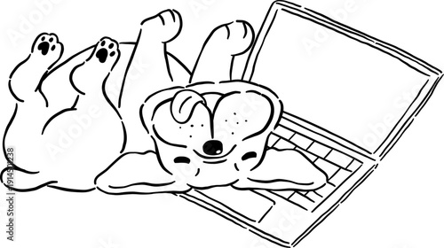 Rolling belly up french bulldog WFH Outline on laptop hand drawn frenchie derp dog 