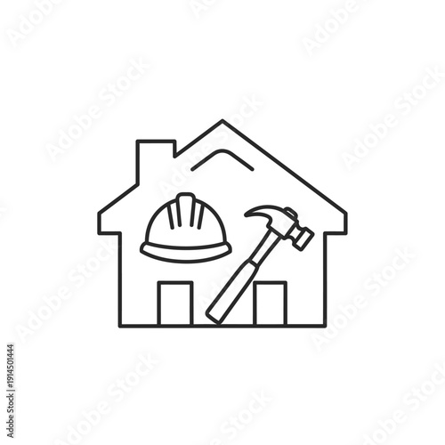 Construction and Home Repair Concept with Hard Hat and Hammer Inside House Outline