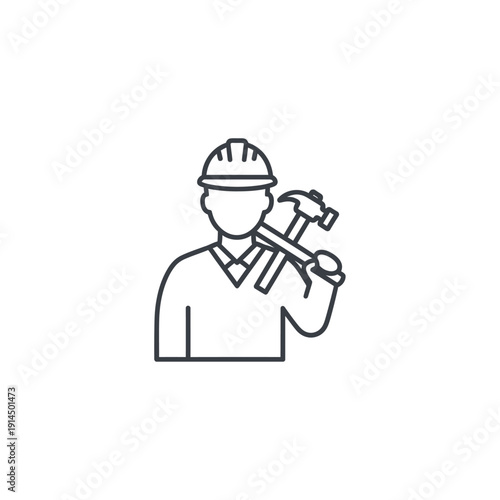 Construction Worker with Helmet Carrying Hammer and Tool on Shoulder