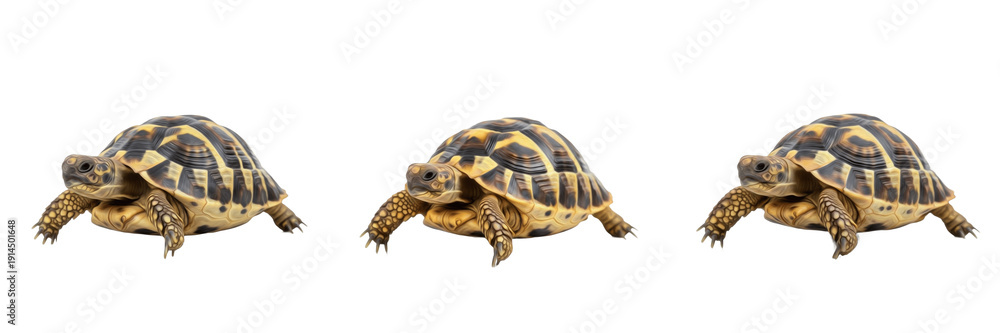 Obraz premium Hermann’s Tortoise (Testudo hermanni) Isolated on White Background, Full Body European Terrestrial Tortoise Standing on White Floor, Patterned Reptile Cutout, Wildlife Stock Photo Image