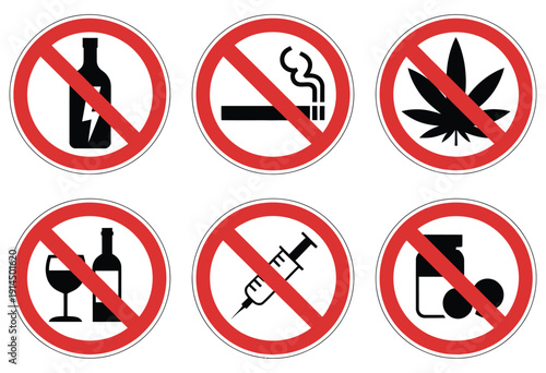 No drugs vector icon, isolated prohibition sign symbol, ideal for workplace safety, educational materials, public area warnings, health campaigns