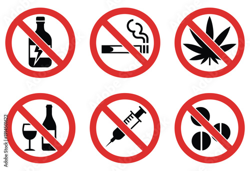 No drugs sign symbol isolated vector, prohibition and warning icon, perfect for public places, hospitals, schools, offices, drug prevention campaigns