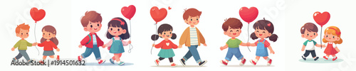 vector little couple walking holding valentine love balloon