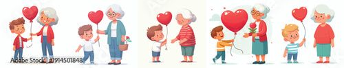vector of grandma standing giving grandchild love balloon