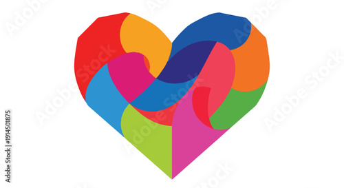 A geometric heart graphic composed of colorful overlapping shapes
