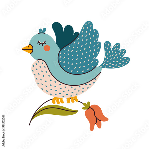 Cute spring bird vector illustration. Flying titmouse holds a blooming tulip flower. A symbol of Easter, seasonal holidays. Hand drawn colorful clipart, Scandinavian style. For kids, nursery, decor