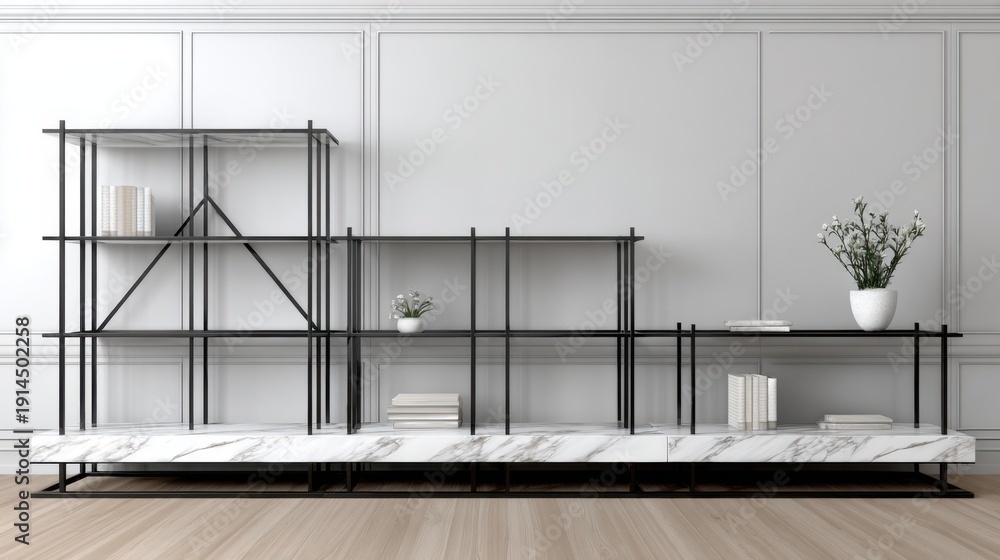 Obraz premium Modern Black Shelving Unit with Marble Base in Minimalist Room