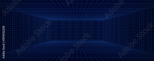 Empty futuristic digital box room. Wireframe grid template in perspective