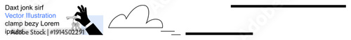 Management, manipulation, workflow, cloud storage, process automation, decision-making. Black hand controlling puppet with cloud and dotted line. Management and workflow concepts