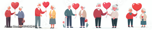 vector  old couple standing giving valentine love balloons