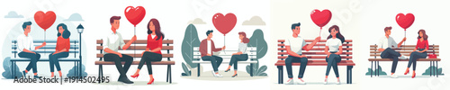 vector of couple sitting on park bench giving valentine love balloon