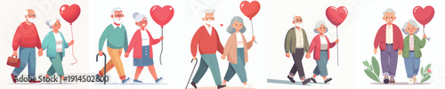 vector old couple walking holding valentine love balloon