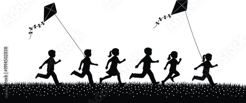 Children running with kites silhouette vector illustration, happy kids playing together in open field, outdoor fun, summer freedom, wind and joy concept