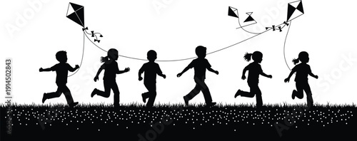 Children running with kites silhouette vector illustration, joyful kids playing together in open field, outdoor fun, summer festival, wind and freedom concept design