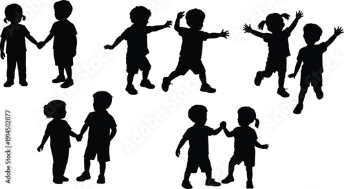 Children silhouette vector collection, playful kids interaction, holding hands, jumping, high-five, black figures, childhood activity, social gesture design, white background