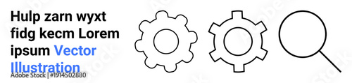 Two interlocking gears and a magnifying glass. Ideal for teamwork, optimization, mechanics, problem-solving, process improvement, efficiency, and simple landing page