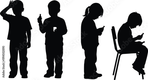 Children silhouette using smartphone and toys, modern childhood concept showing screen addiction, digital technology impact on kids, black and white vector illustration