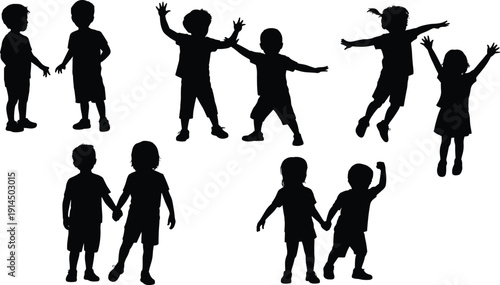 Children silhouette vector collection, playful kids poses, jumping, holding hands, raising arms, black figures, childhood activity design, social interaction illustration