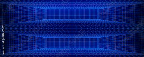 Empty futuristic digital box room. Wireframe grid template in perspective