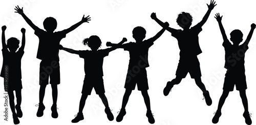 Children silhouette vector illustration, black playful pose icons, joyful group activity design, childhood celebration artwork, happy kids graphic, white background