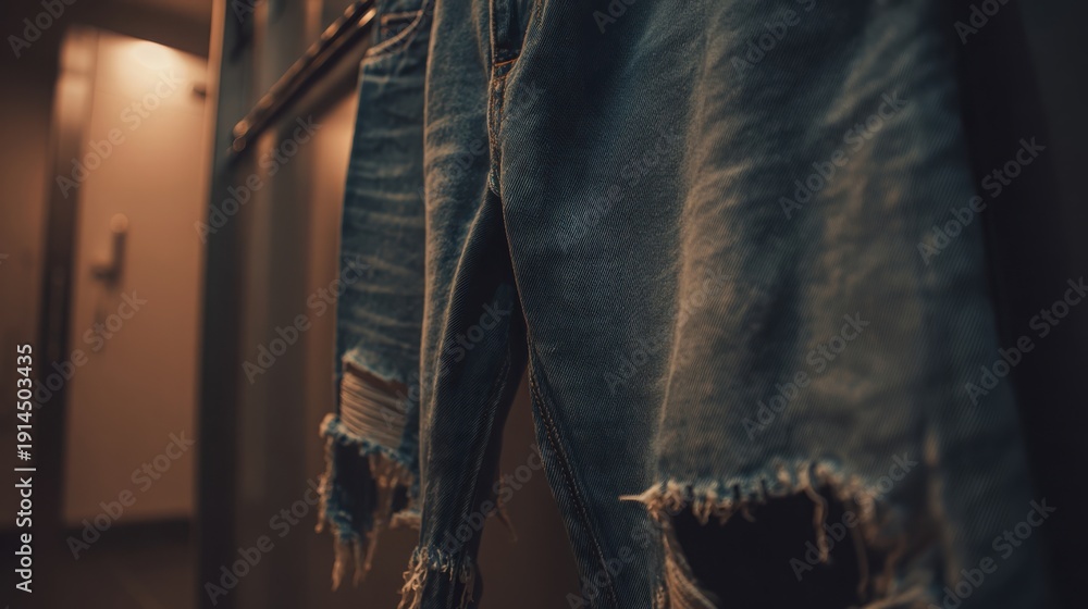 Fototapeta premium Distressed denim jeans with rips and frayed edges, displayed for fashion wear